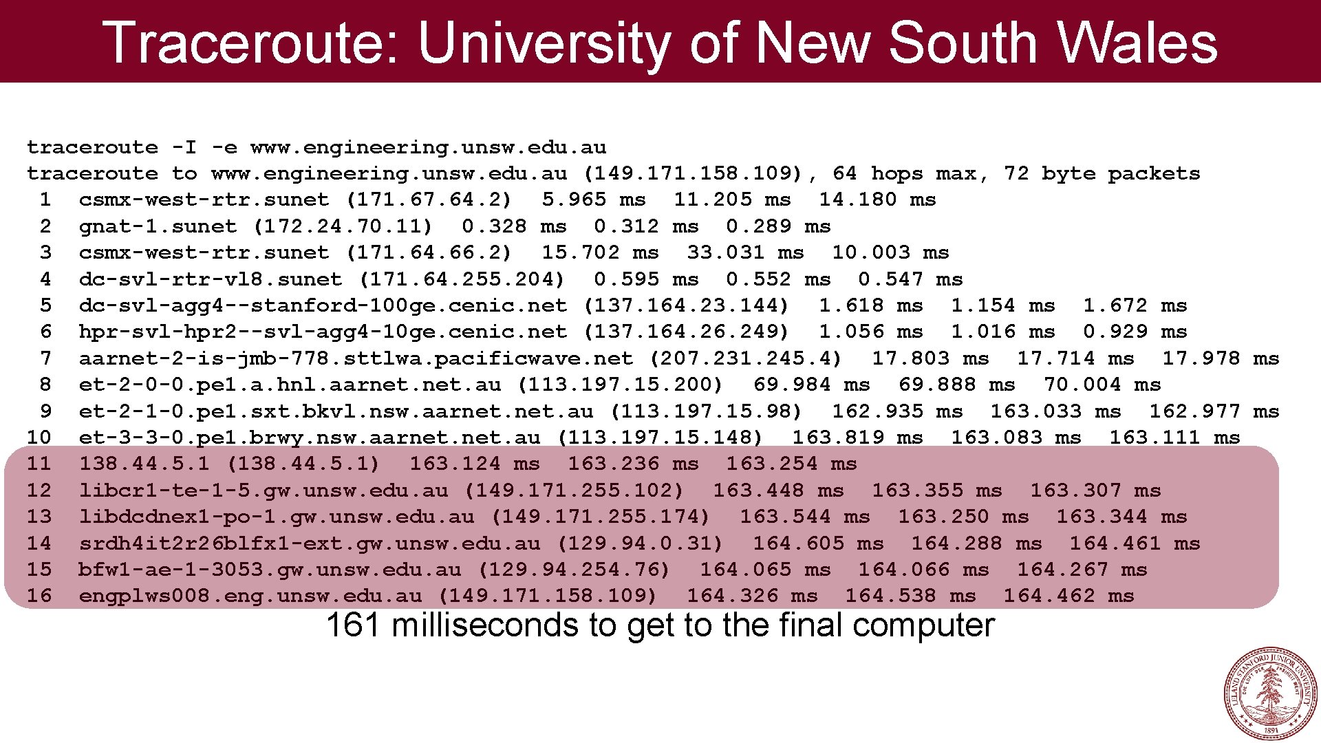 Traceroute: University of New South Wales traceroute -I -e www. engineering. unsw. edu. au