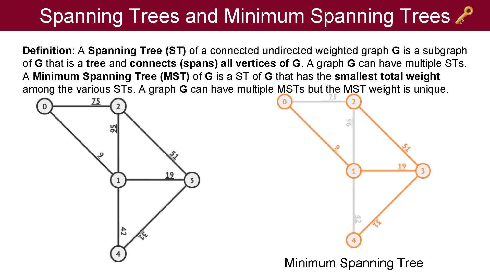 Spanning Trees and Minimum Spanning Trees Definition: A Spanning Tree (ST) of a connected