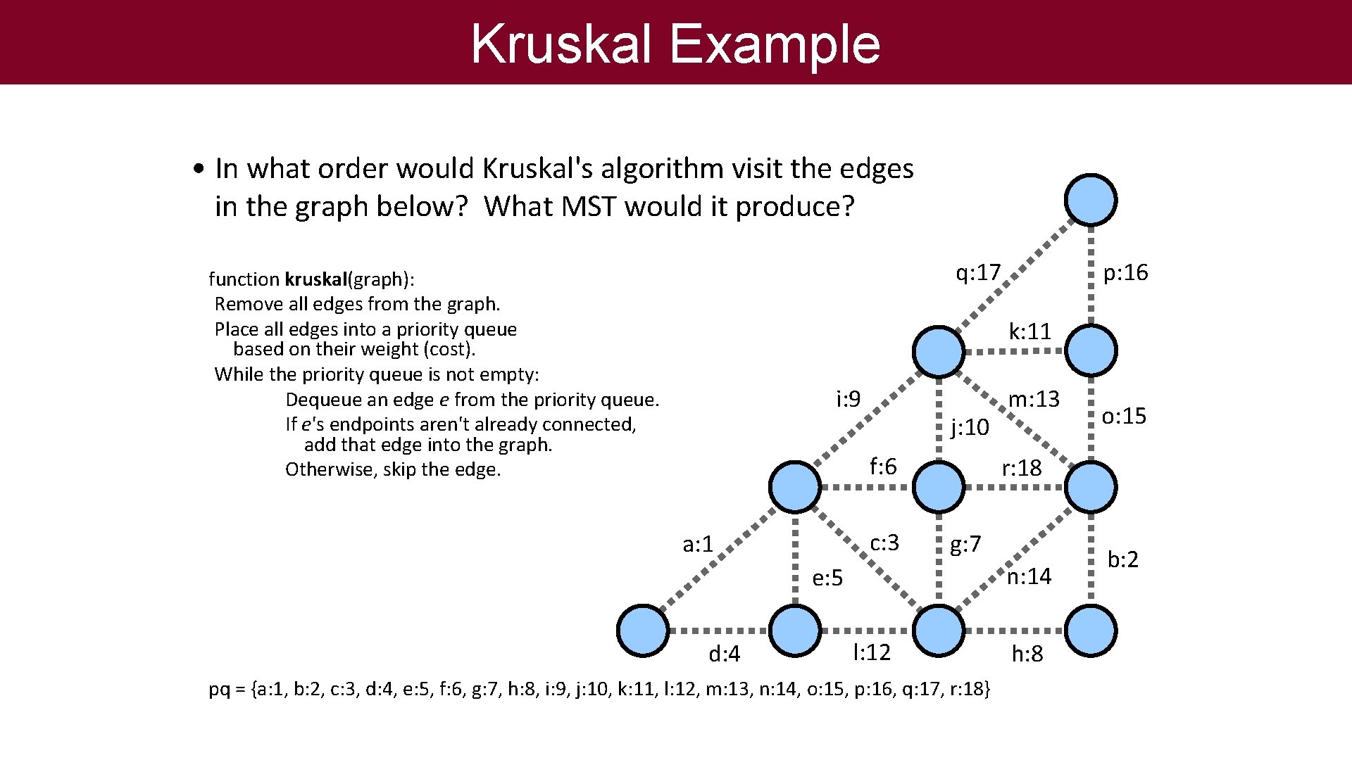 Kruskal Example • In what order would Kruskal's algorithm visit the edges in the