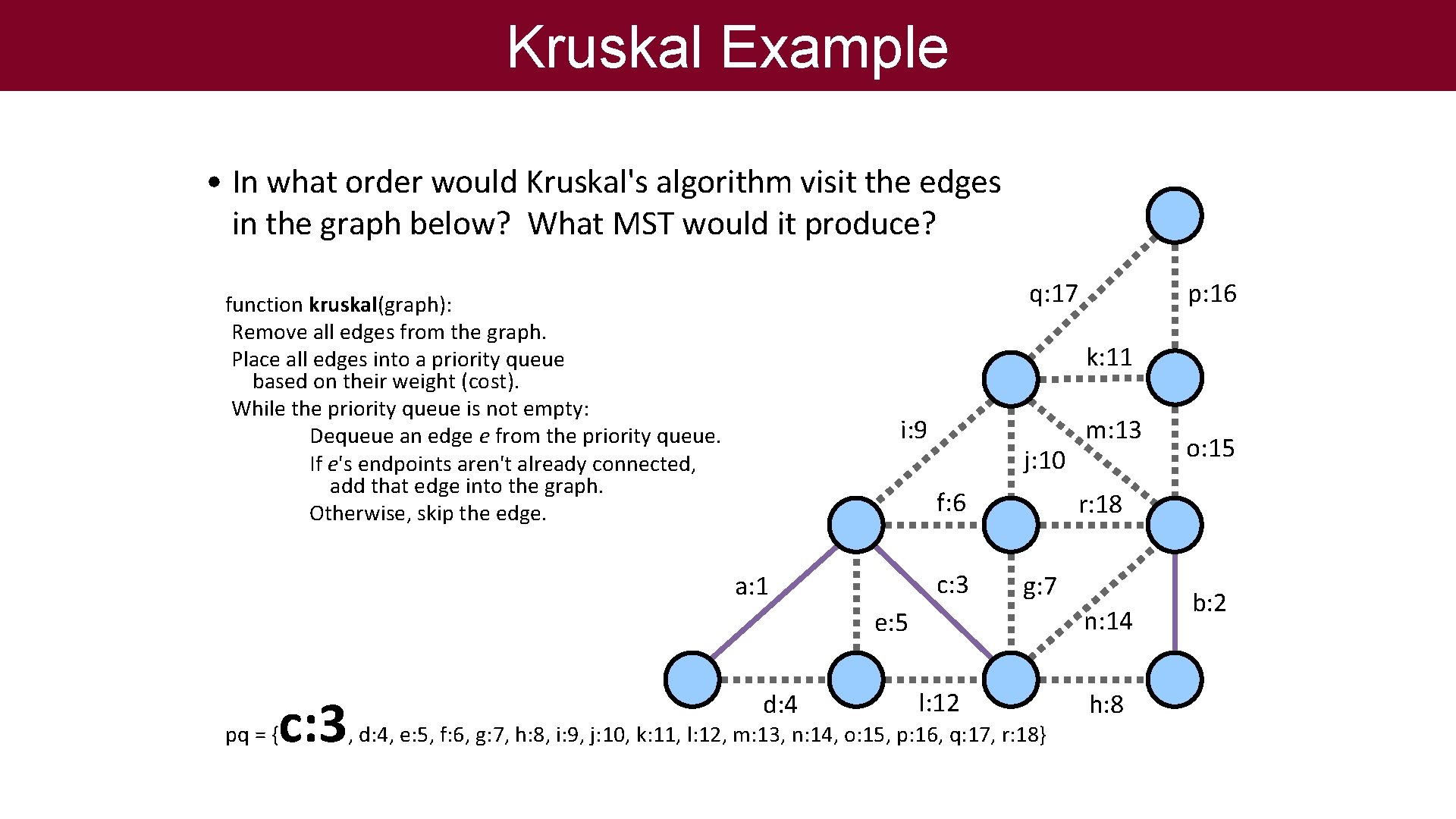 Kruskal Example • In what order would Kruskal's algorithm visit the edges in the
