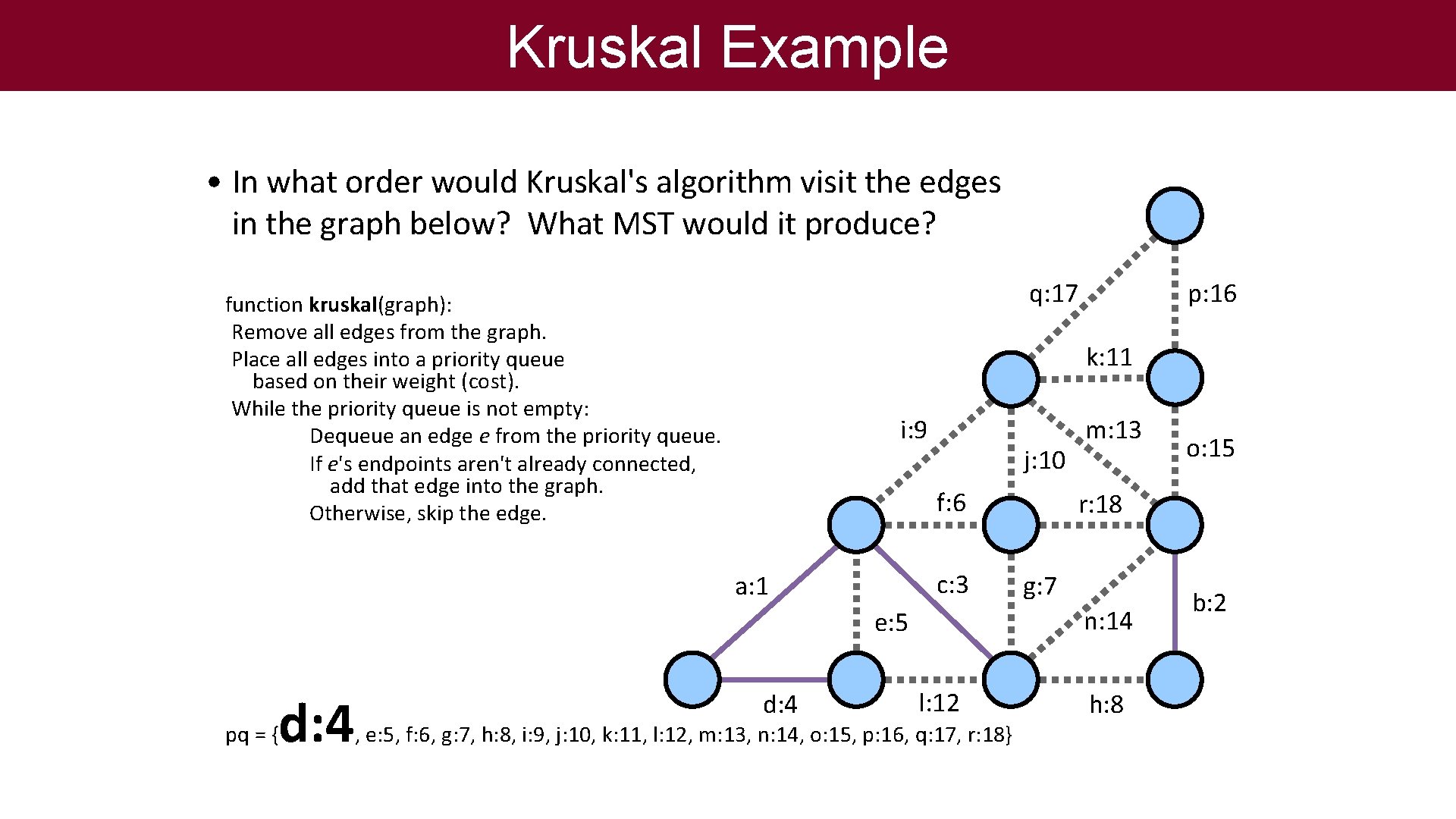 Kruskal Example • In what order would Kruskal's algorithm visit the edges in the