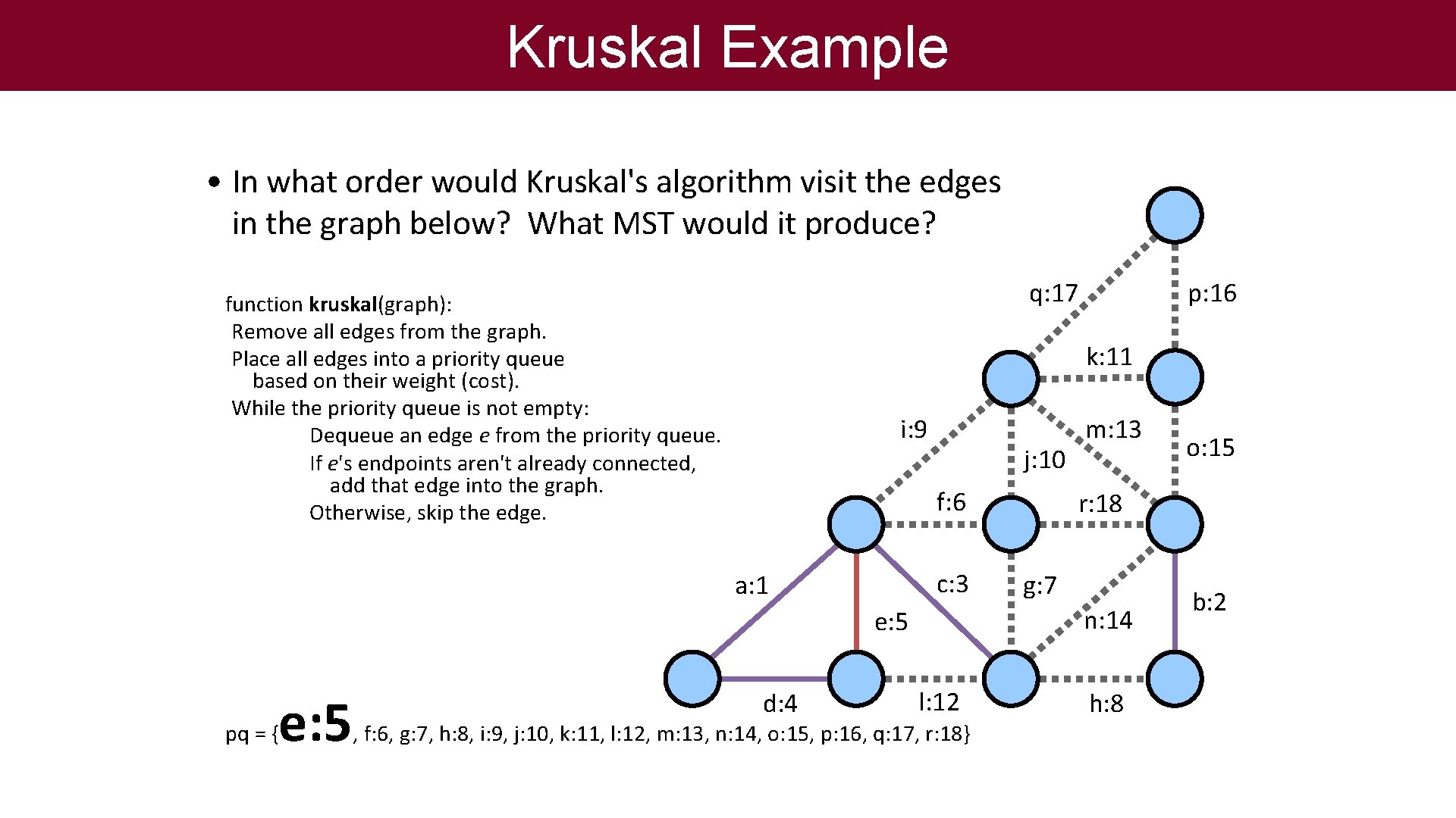Kruskal Example • In what order would Kruskal's algorithm visit the edges in the