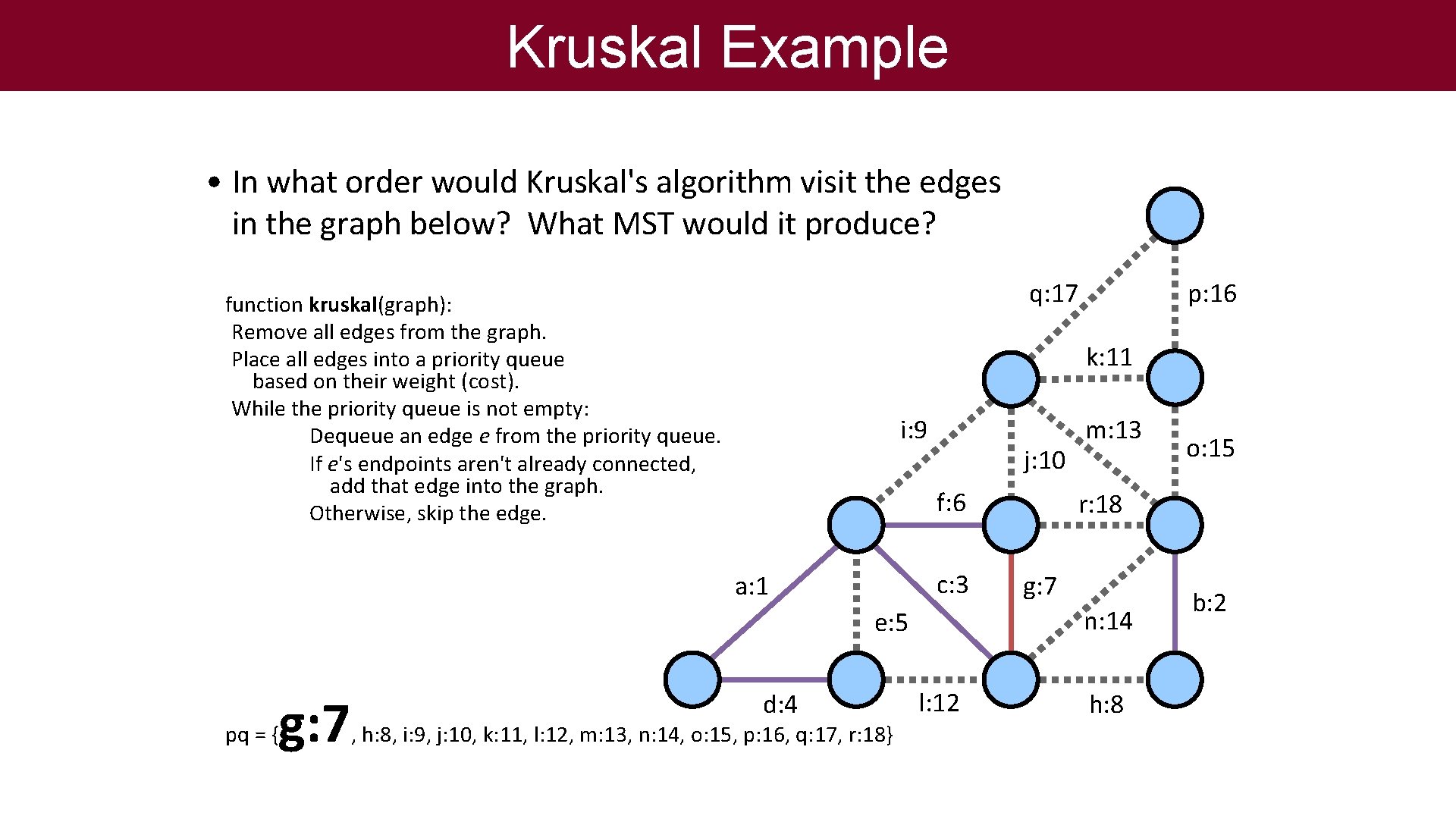 Kruskal Example • In what order would Kruskal's algorithm visit the edges in the