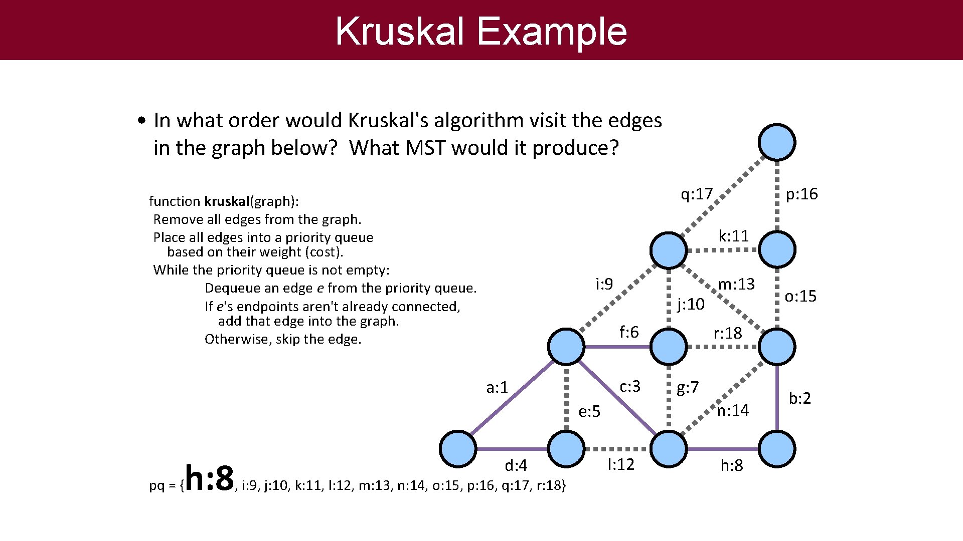 Kruskal Example • In what order would Kruskal's algorithm visit the edges in the