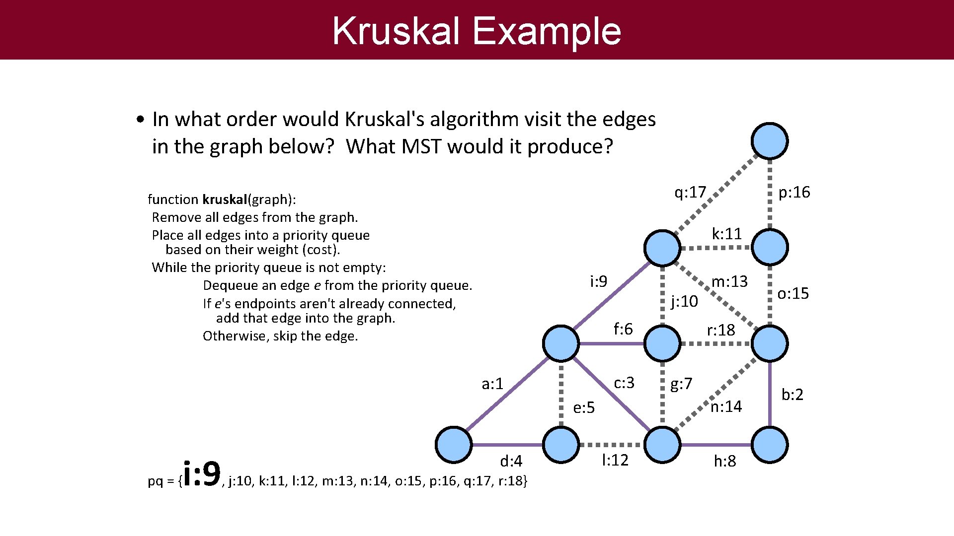 Kruskal Example • In what order would Kruskal's algorithm visit the edges in the