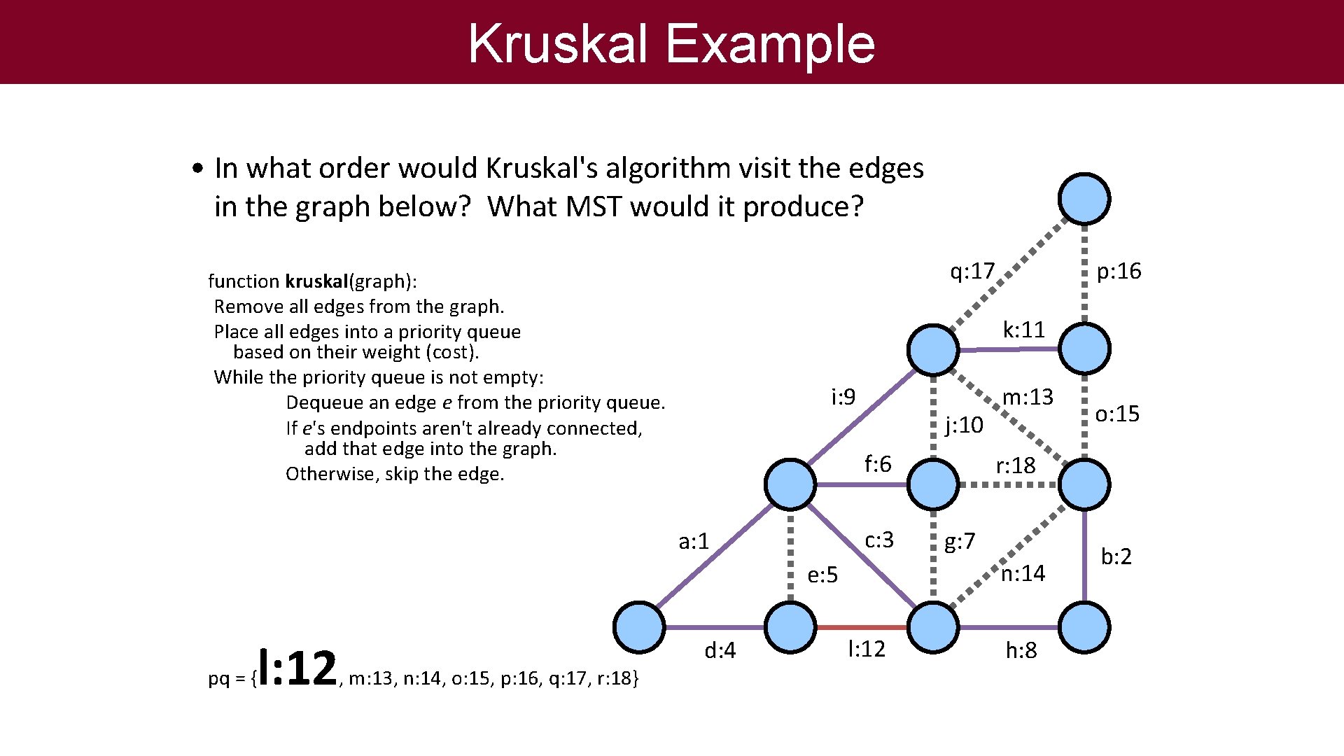 Kruskal Example • In what order would Kruskal's algorithm visit the edges in the