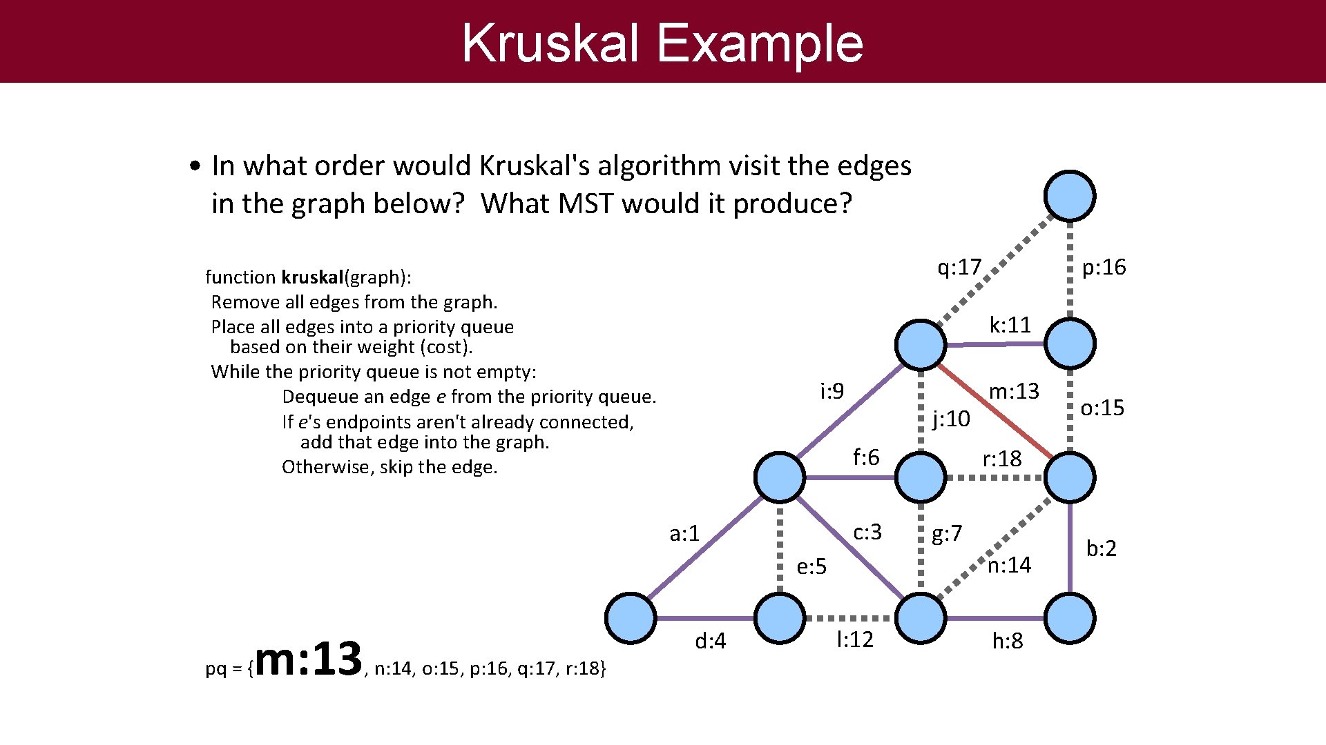 Kruskal Example • In what order would Kruskal's algorithm visit the edges in the