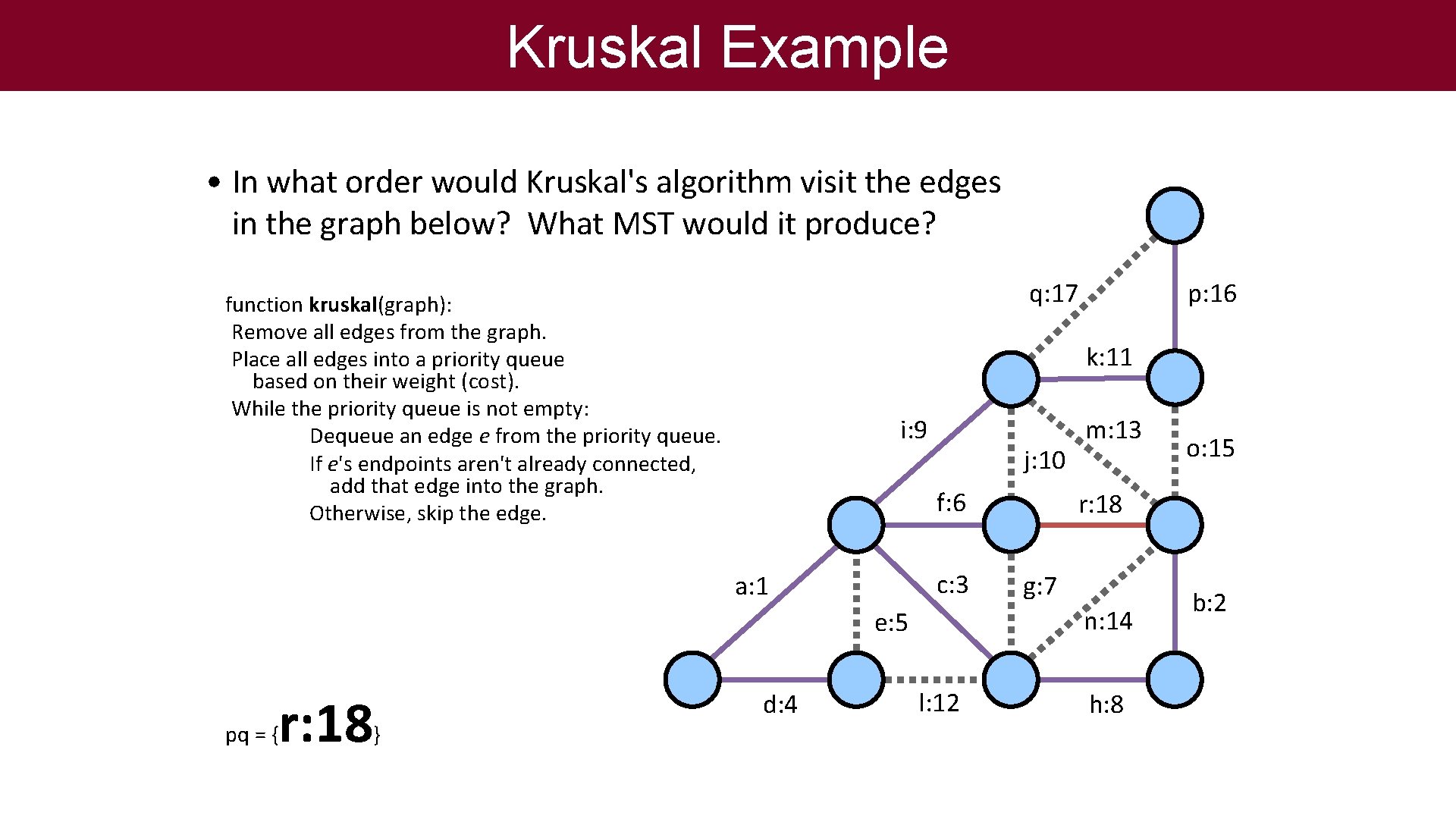 Kruskal Example • In what order would Kruskal's algorithm visit the edges in the