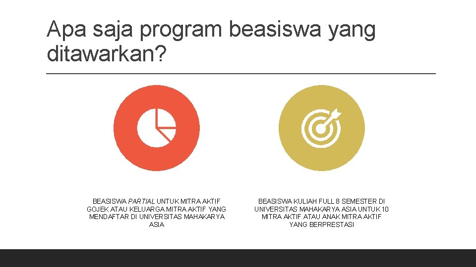 Apa saja program beasiswa yang ditawarkan? BEASISWA PARTIAL UNTUK MITRA AKTIF GOJEK ATAU KELUARGA