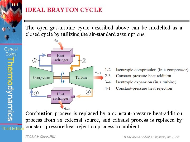 11 -1 IDEAL BRAYTON CYCLE The open gas-turbine cycle described above can be modelled