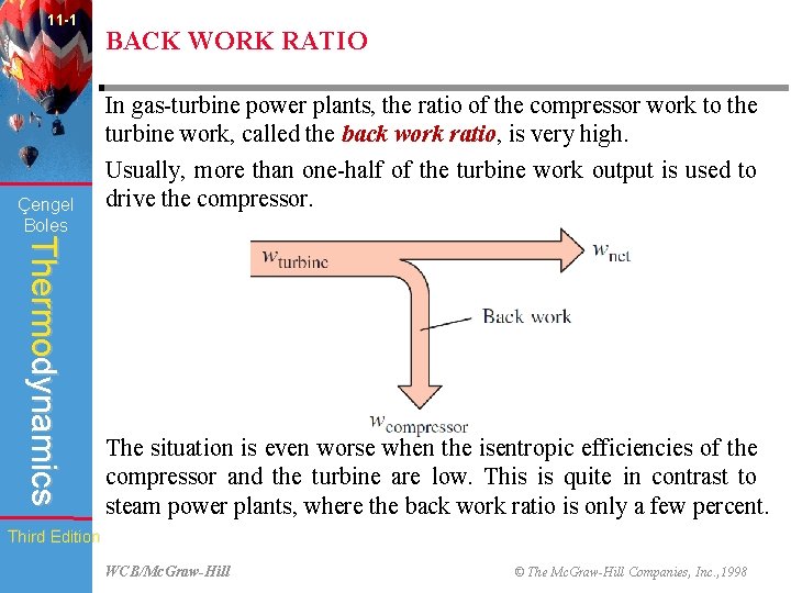 11 -1 Çengel Boles BACK WORK RATIO In gas-turbine power plants, the ratio of