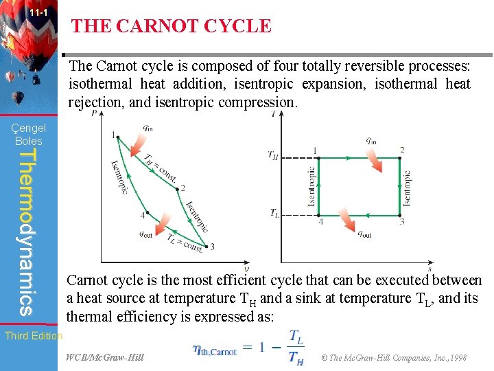 11 -1 THE CARNOT CYCLE The Carnot cycle is composed of four totally reversible