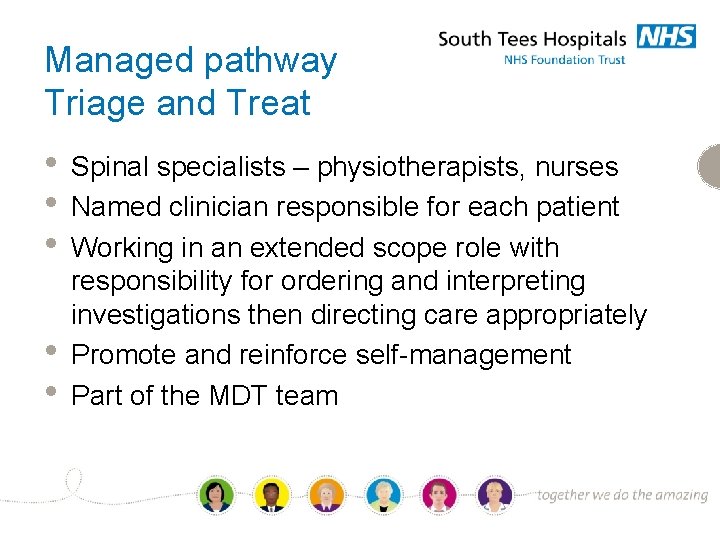 Managed pathway Triage and Treat • • • Spinal specialists – physiotherapists, nurses Named