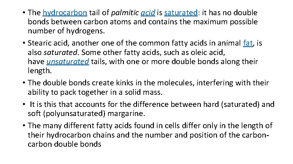  • The hydrocarbon tail of palmitic acid is saturated: it has no double