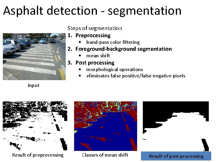 Asphalt detection - segmentation Steps of segmentation 1. Preprocessing • band-pass color filtering 2.