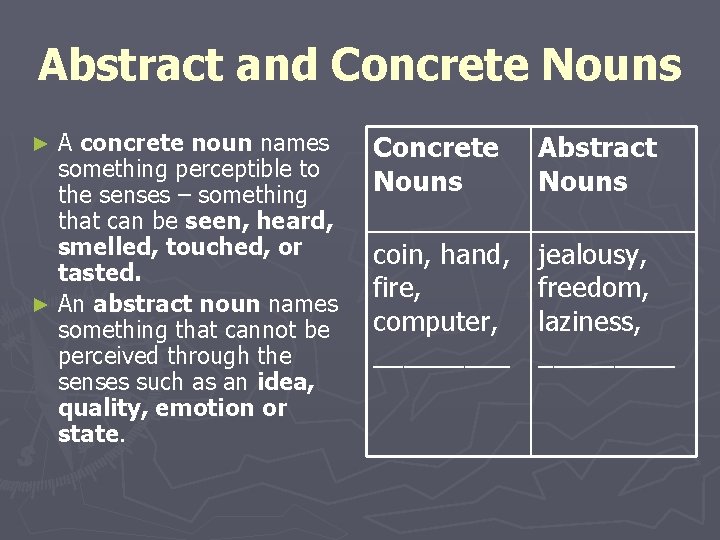 Abstract and Concrete Nouns A concrete noun names something perceptible to the senses –