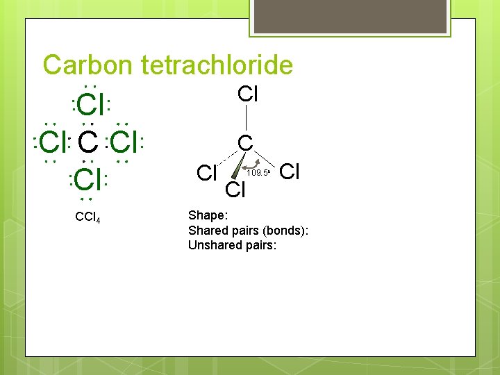Carbon tetrachloride Cl Cl CCl 4 Cl Cl 109. 5 o Cl Shape: Shared