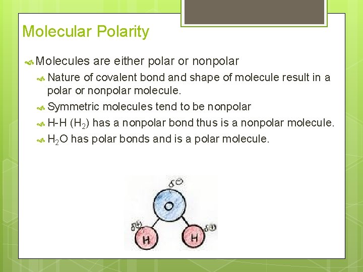 Molecular Polarity Molecules Nature are either polar or nonpolar of covalent bond and shape