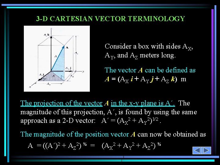 3 -D CARTESIAN VECTOR TERMINOLOGY Consider a box with sides AX, AY, and AZ