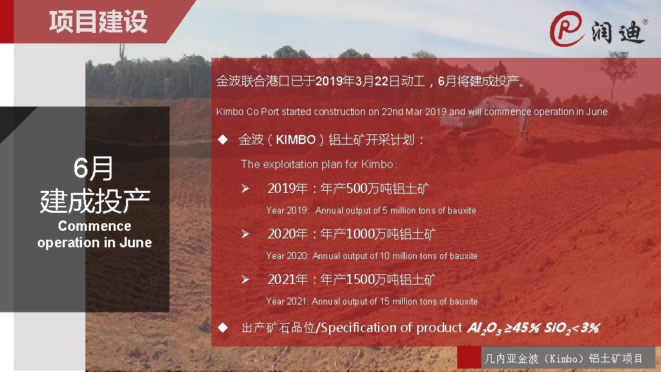 项目建设 金波联合港口已于2019年 3月22日动 ，6月将建成投产。 Kimbo Co Port started construction on 22 nd Mar 2019