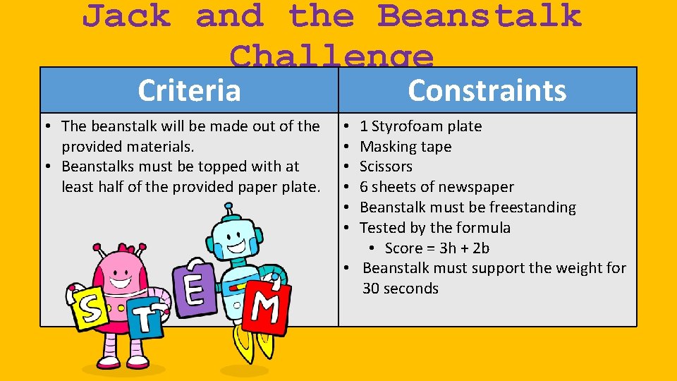 Jack and the Beanstalk Challenge Criteria • The beanstalk will be made out of