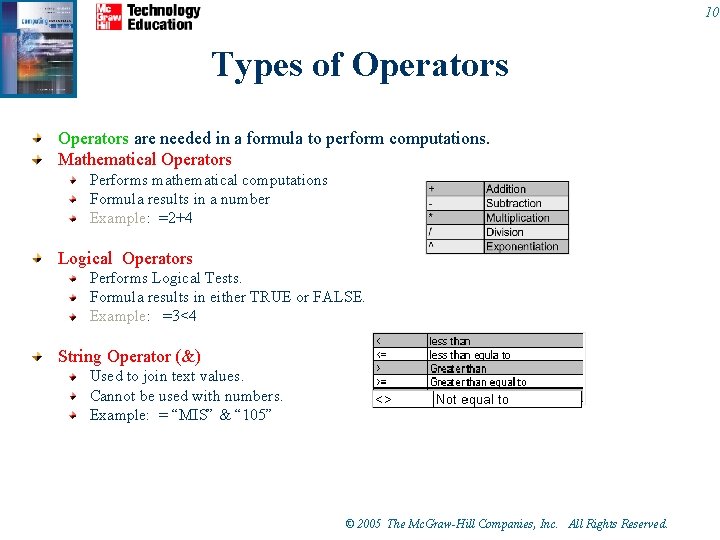 10 Types of Operators are needed in a formula to perform computations. Mathematical Operators 10 Types of Operators are needed in a formula to perform computations. Mathematical Operators