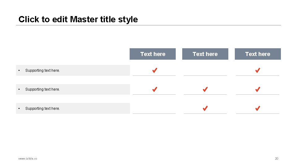 Click to edit Master title style Text here • Supporting text here. www. islide.
