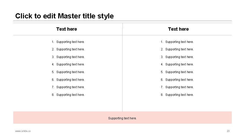Click to edit Master title style Text here 1. Supporting text here. 2. Supporting