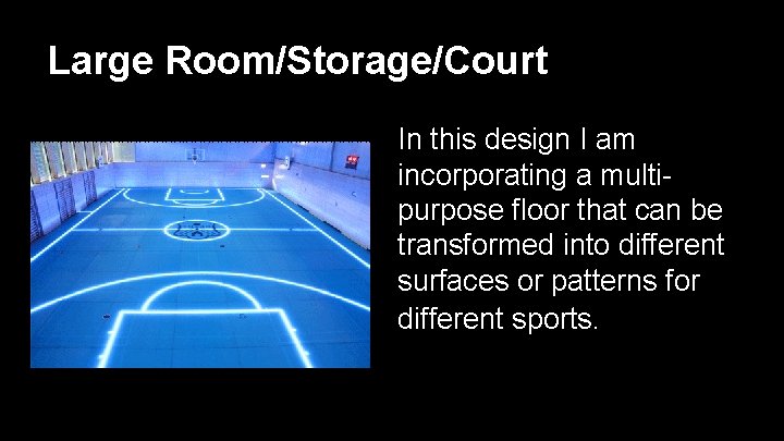 Large Room/Storage/Court In this design I am incorporating a multipurpose floor that can be