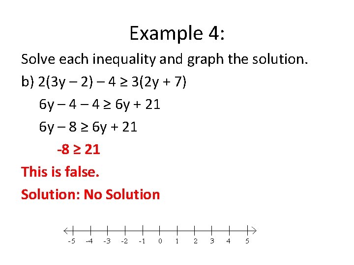 Example 4: Solve each inequality and graph the solution. b) 2(3 y – 2)