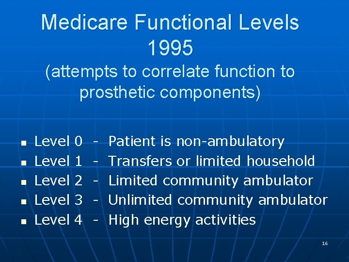 Medicare Functional Levels 1995 (attempts to correlate function to prosthetic components) n n n