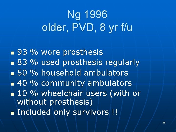 Ng 1996 older, PVD, 8 yr f/u n n n 93 % wore prosthesis