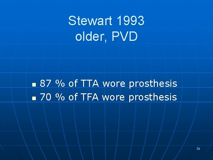 Stewart 1993 older, PVD n n 87 % of TTA wore prosthesis 70 %