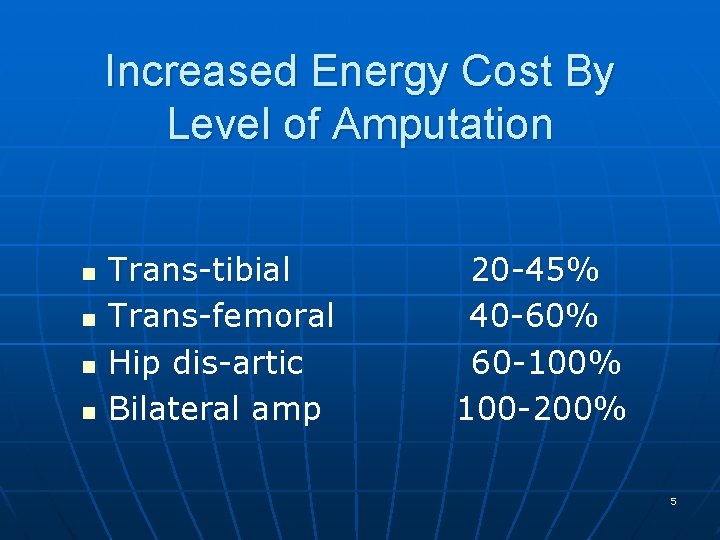 Increased Energy Cost By Level of Amputation n n Trans-tibial Trans-femoral Hip dis-artic Bilateral