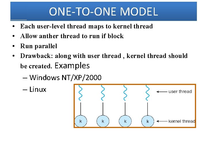 ONE-TO-ONE MODEL • • Each user-level thread maps to kernel thread Allow anther thread
