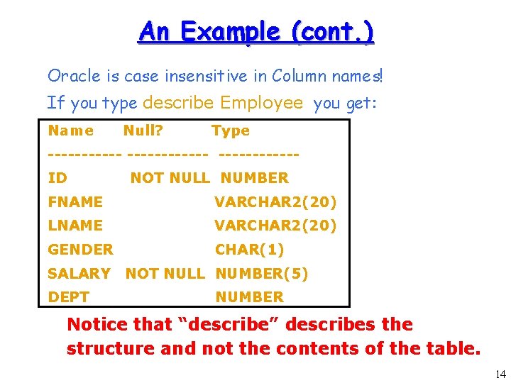 An Example (cont. ) Oracle is case insensitive in Column names! If you type An Example (cont. ) Oracle is case insensitive in Column names! If you type