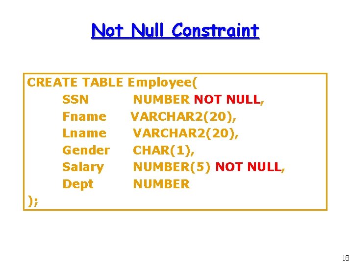 Not Null Constraint CREATE TABLE SSN Fname Lname Gender Salary Dept ); Employee( NUMBER Not Null Constraint CREATE TABLE SSN Fname Lname Gender Salary Dept ); Employee( NUMBER