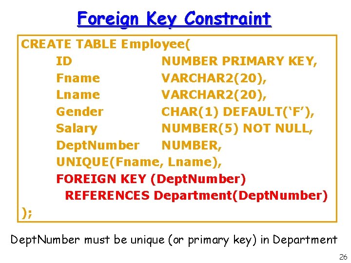 Foreign Key Constraint CREATE TABLE Employee( ID NUMBER PRIMARY KEY, Fname VARCHAR 2(20), Lname Foreign Key Constraint CREATE TABLE Employee( ID NUMBER PRIMARY KEY, Fname VARCHAR 2(20), Lname
