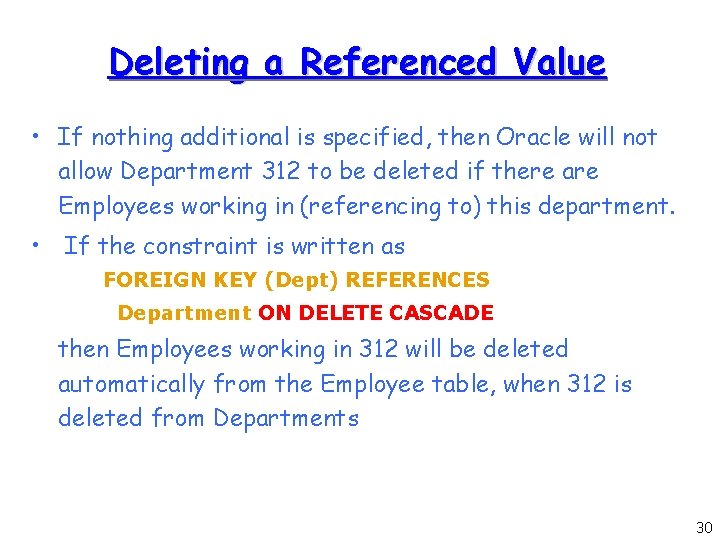 Deleting a Referenced Value • If nothing additional is specified, then Oracle will not Deleting a Referenced Value • If nothing additional is specified, then Oracle will not