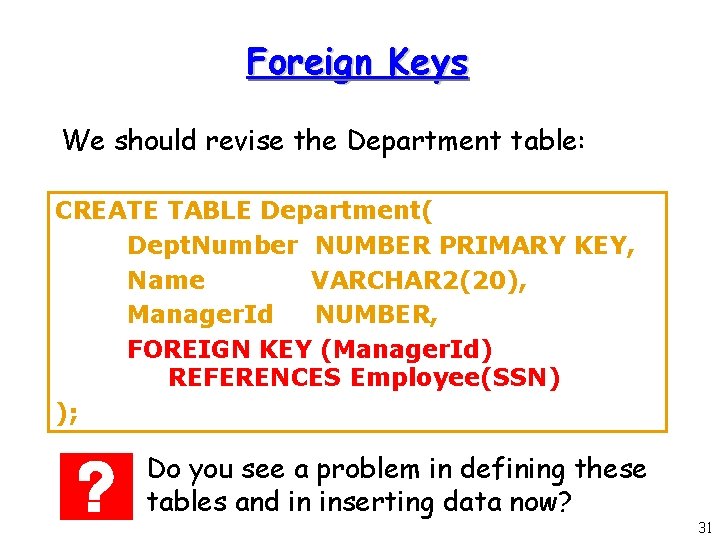 Foreign Keys We should revise the Department table: CREATE TABLE Department( Dept. Number NUMBER Foreign Keys We should revise the Department table: CREATE TABLE Department( Dept. Number NUMBER