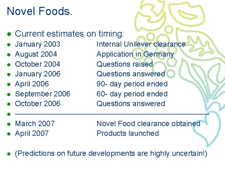Novel Foods. l Current estimates on timing: l l January 2003 Internal Unilever clearance