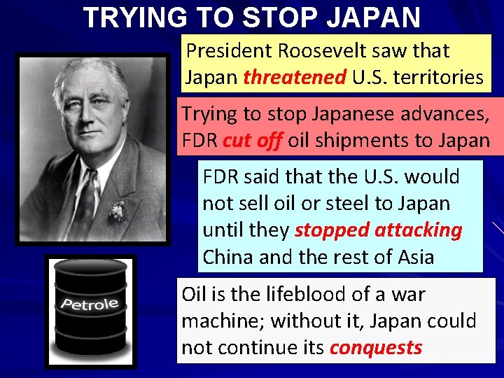 TRYING TO STOP JAPAN President Roosevelt saw that Japan threatened U. S. territories Trying