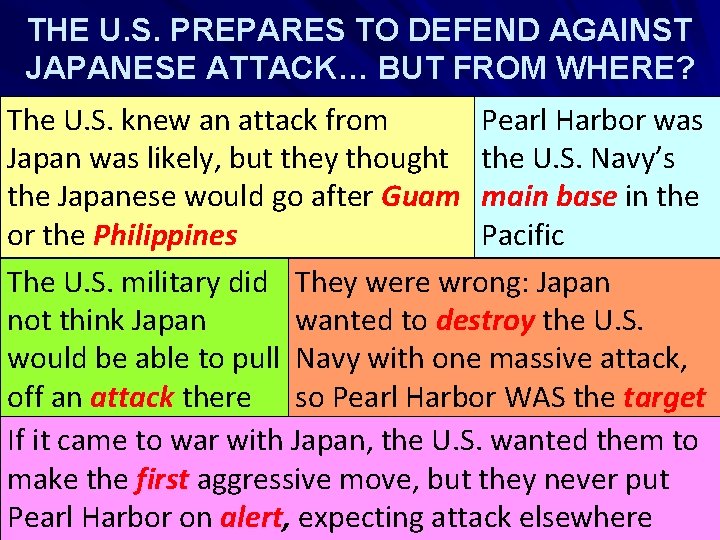 THE U. S. PREPARES TO DEFEND AGAINST JAPANESE ATTACK… BUT FROM WHERE? The U.