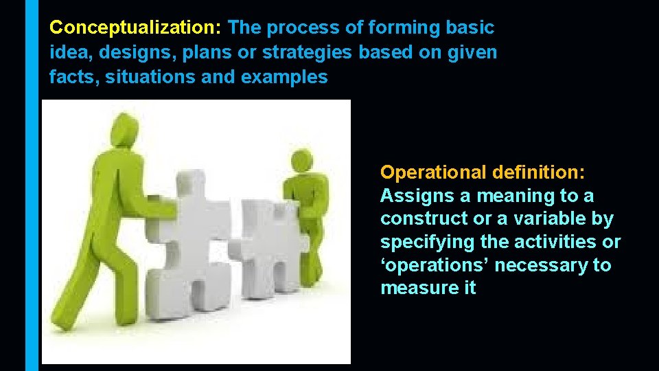 Conceptualization: The process of forming basic idea, designs, plans or strategies based on given