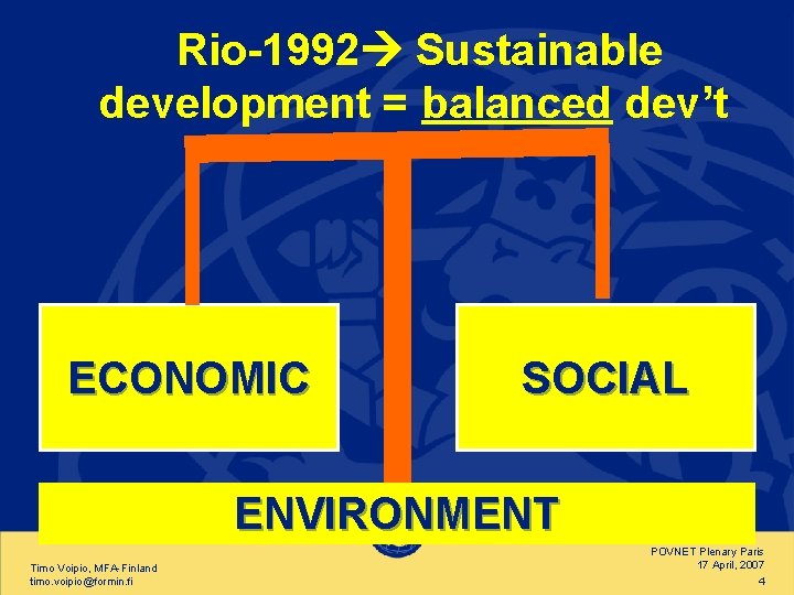 Rio-1992 Sustainable development = balanced dev’t ECONOMIC SOCIAL ENVIRONMENT Timo Voipio, MFA-Finland timo. voipio@formin.