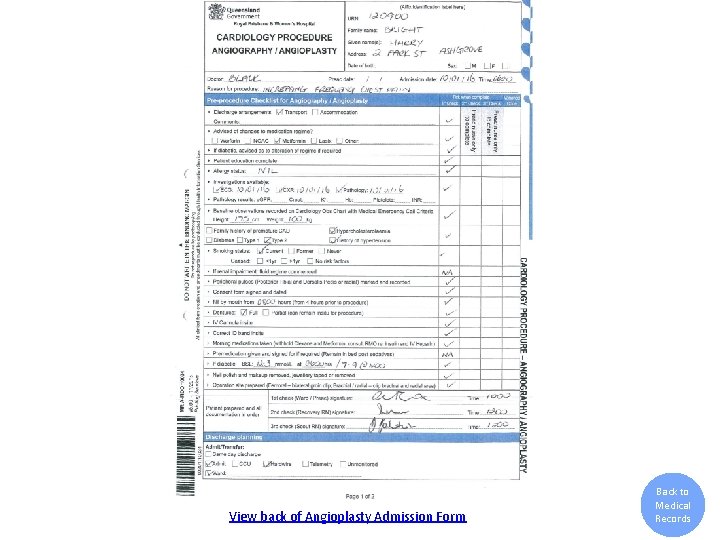 View back of Angioplasty Admission Form Back to Medical Records 