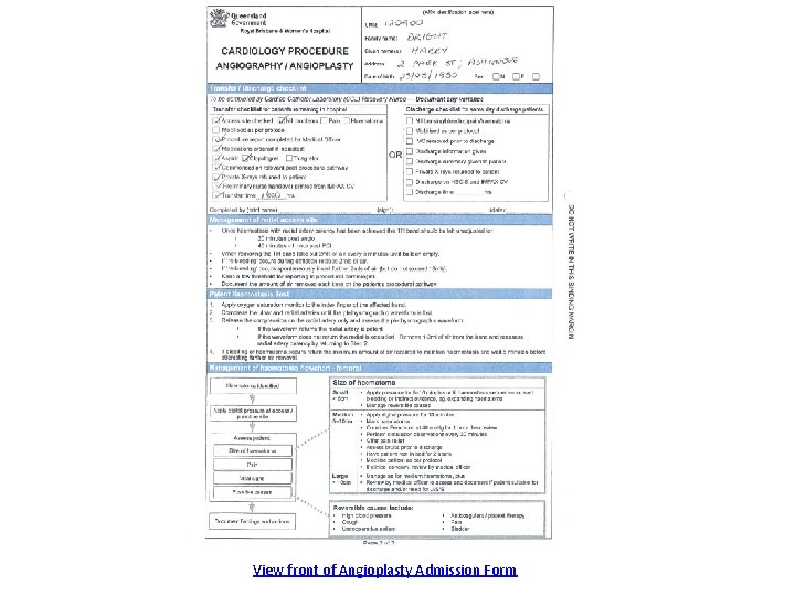 View front of Angioplasty Admission Form 