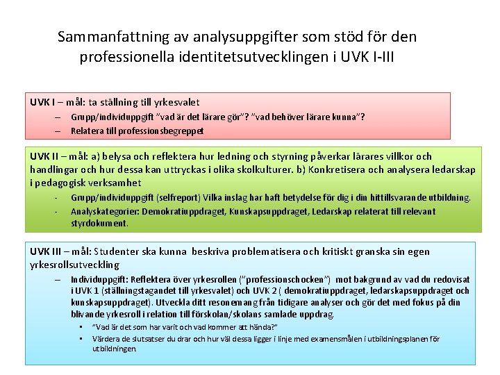 Sammanfattning av analysuppgifter som stöd för den professionella identitetsutvecklingen i UVK I-III UVK I