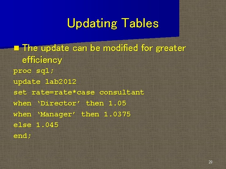 Updating Tables n The update can be modified for greater efficiency proc sql; update Updating Tables n The update can be modified for greater efficiency proc sql; update