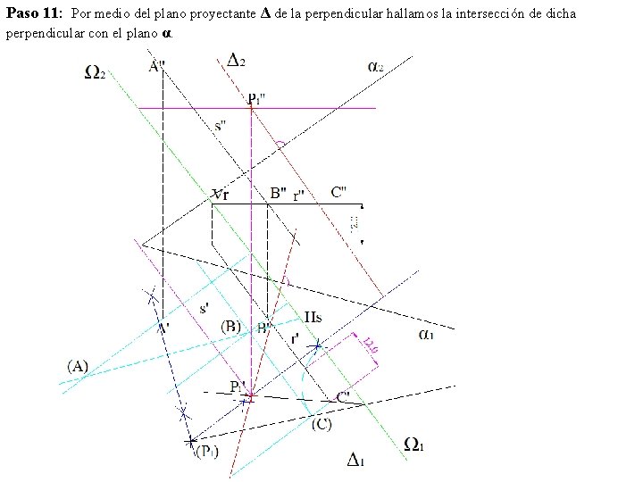 Paso 11: Por medio del plano proyectante Δ de la perpendicular hallamos la intersección